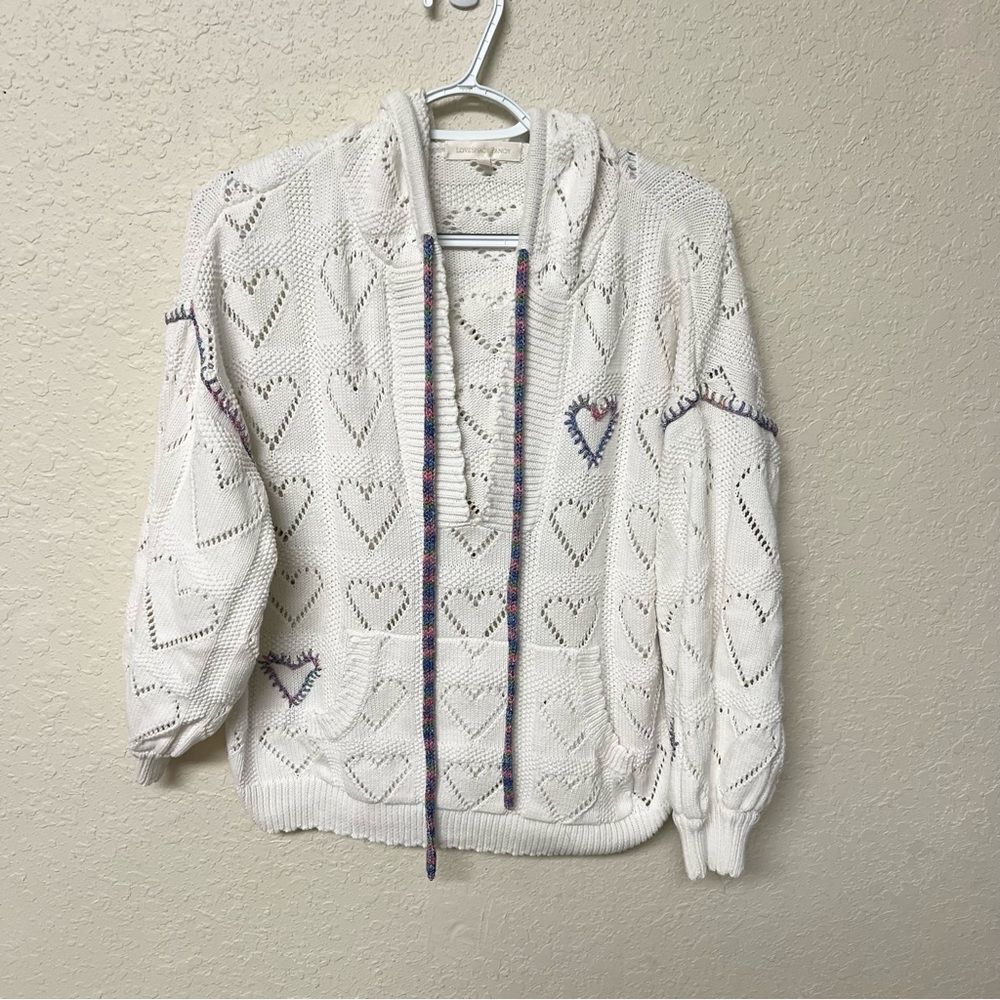 LoveShackFancy Meara White Knitted Heart Hooded Pointelle Sweater Size L